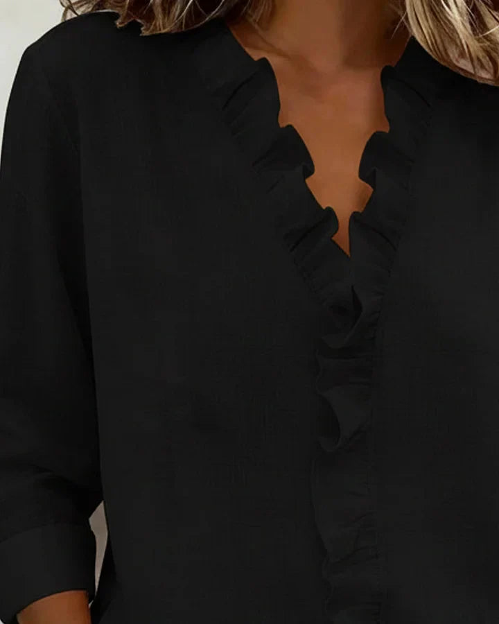 Susan | Bluse med Volanger, V-Hals og Lange Ermer