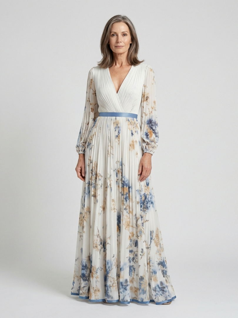 Lavinia | Langermet V-hals Blomster Maxi Kjole