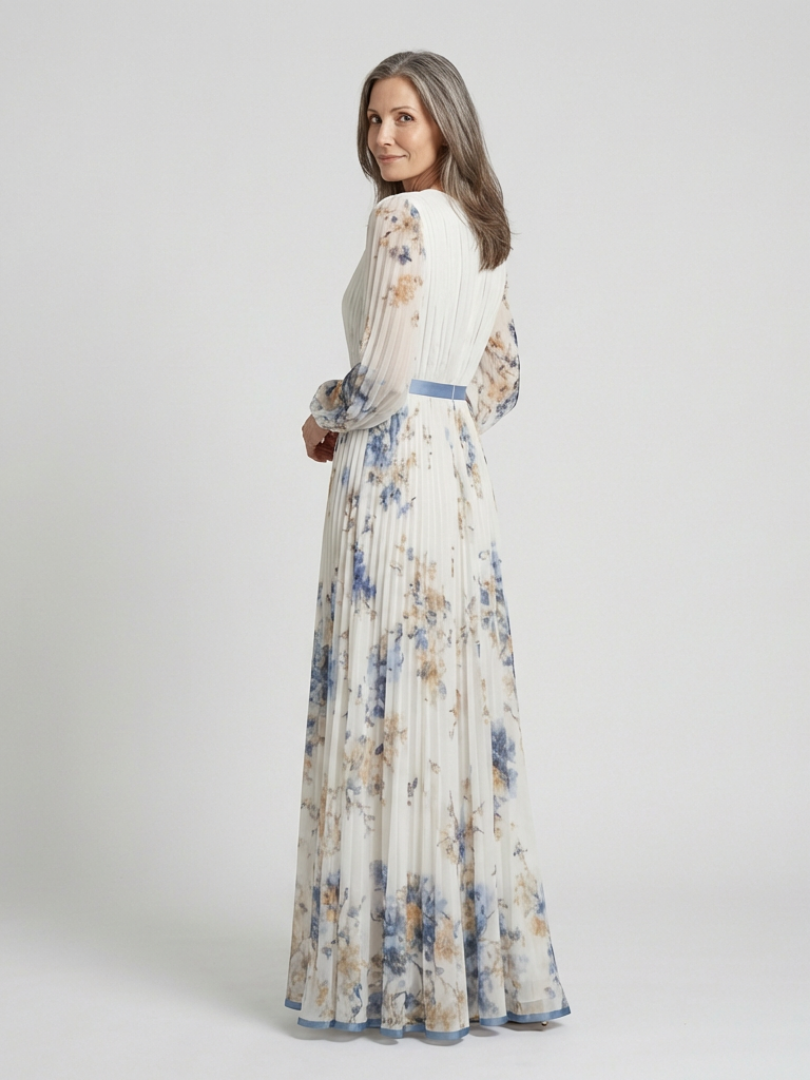 Lavinia | Langermet V-hals Blomster Maxi Kjole