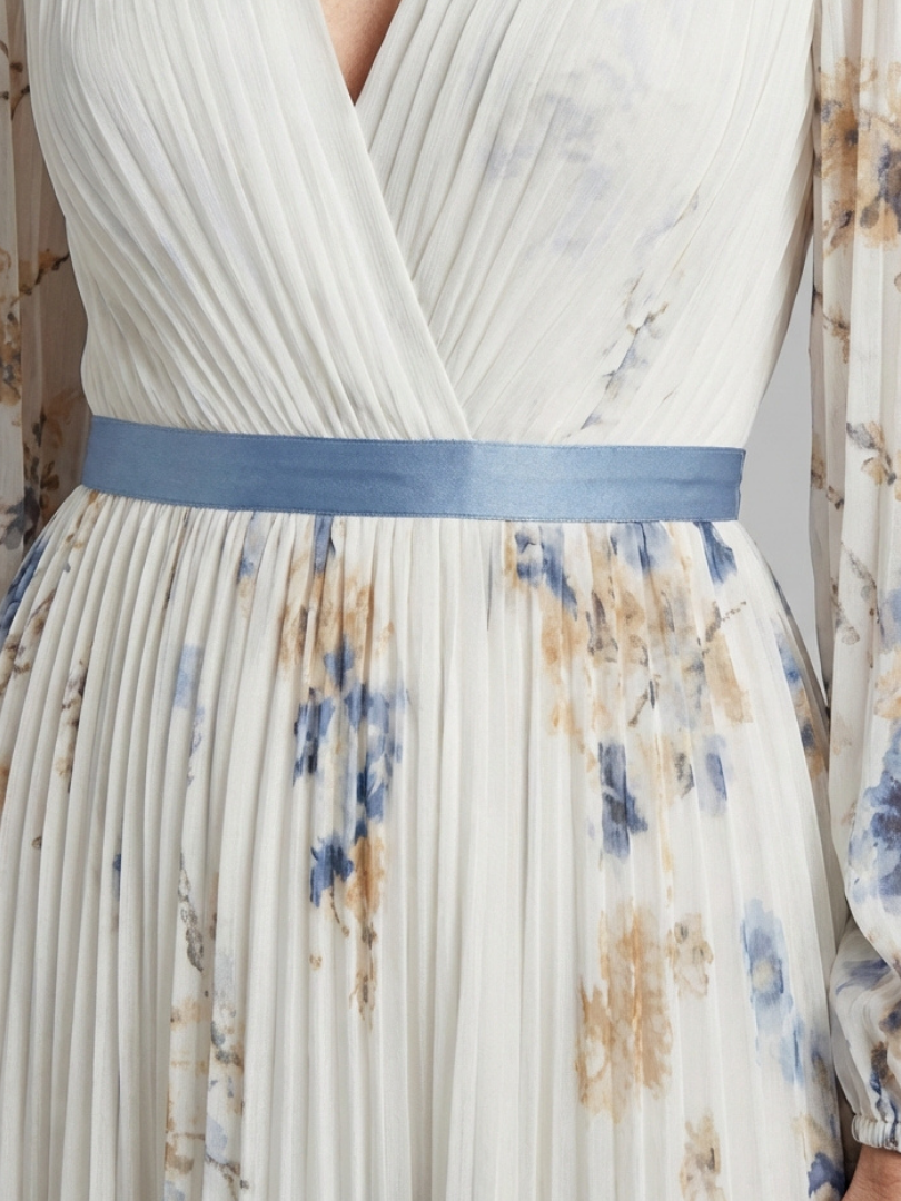 Lavinia | Langermet V-hals Blomster Maxi Kjole