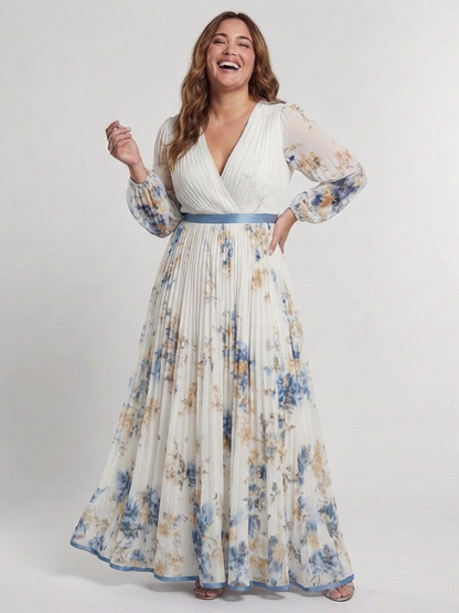 Lavinia | Langermet V-hals Blomster Maxi Kjole