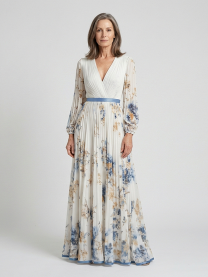 Lavinia | Langermet V-hals Blomster Maxi Kjole