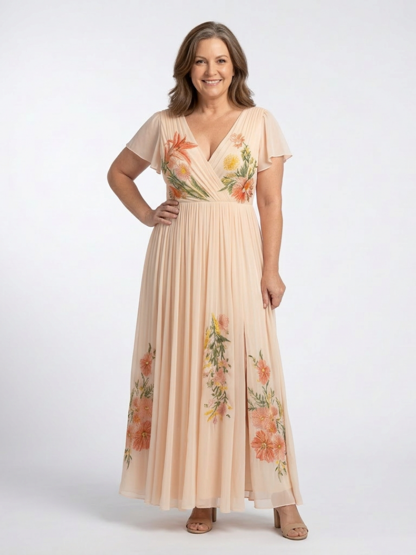 Calista | V-hals Korte Ermer Plisserte Blomster Maxi Kjole
