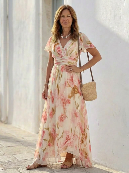 Elara | V-hals Korte Ermer Blomstrete Maxi Kjole