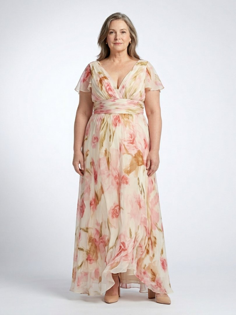 Elara | V-hals Kortermet Blomster Maxi Kjole