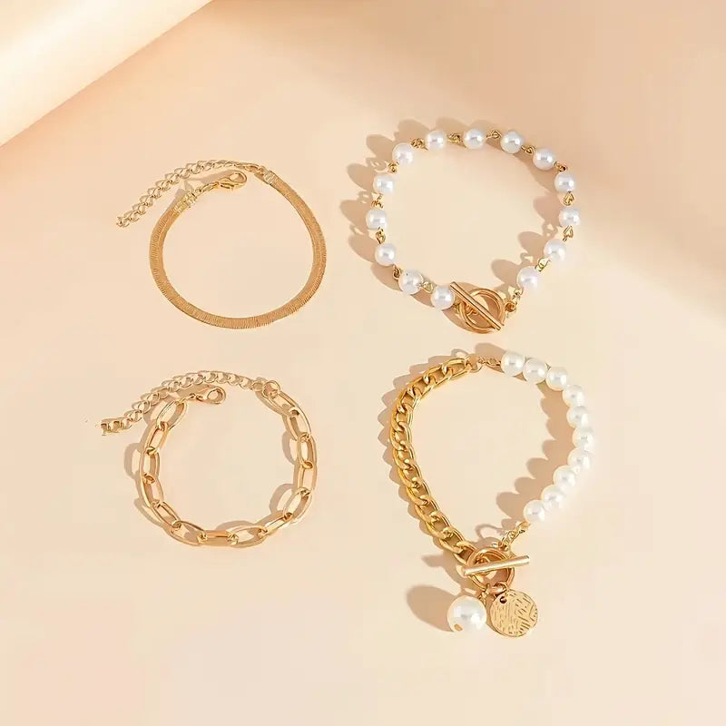 Elegant 4-delt Armbåndsett – Slange, Perler og Lenker