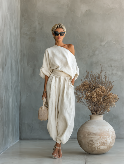 Lisa | Myk Off-Shoulder Topp og Tapered Bukse Sett