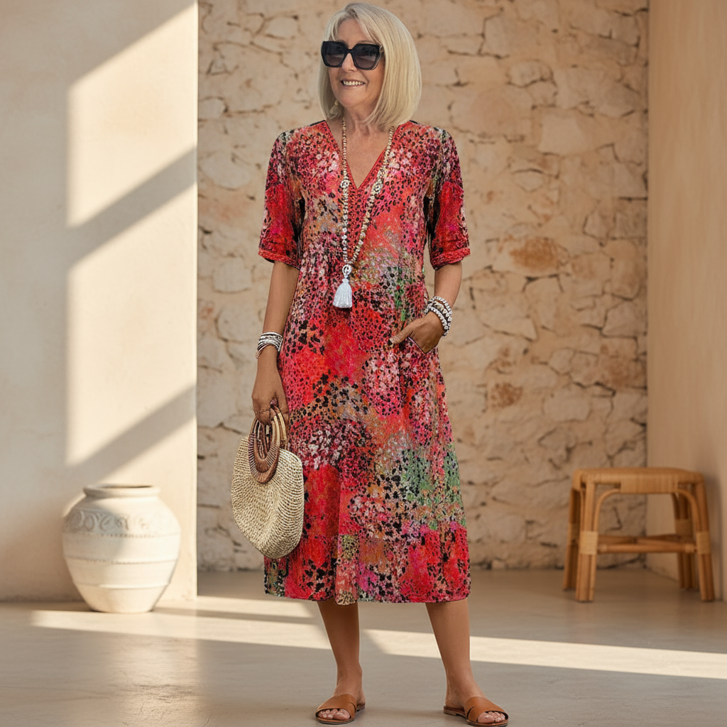 CALLIE | Livlig Midi Kjole Flatterende Passform Uanstrengt Stil