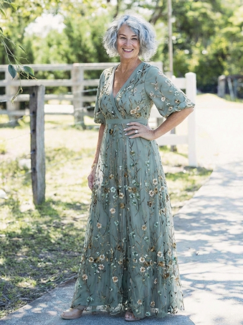 Evadne | Brodert V-hals Maxi Kjole