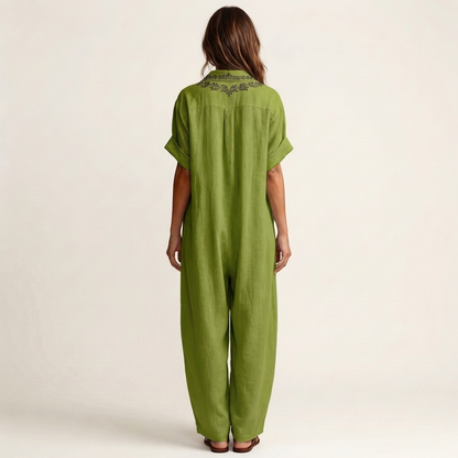 Amarina | Embroidered V-Neck Collar Linen Maxi Dress