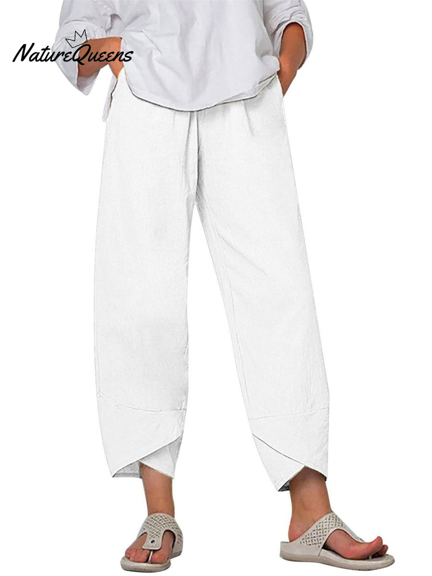 Kvinne Solid Farge Løs Elegant Casual Enkel Bomull Og Lin Niende Bukser