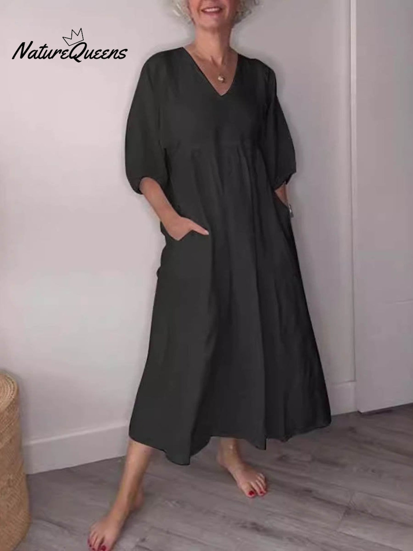 Kvinnens Pocket Bomulls Kjole
