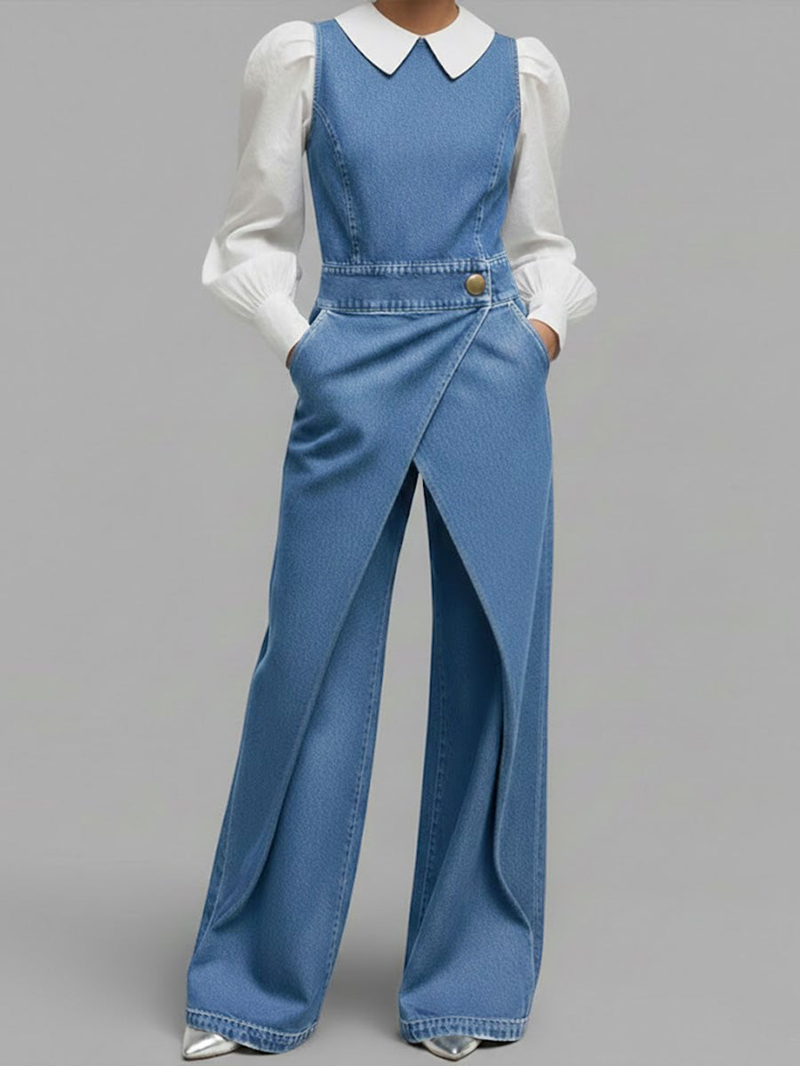 Kvinne Relaxed Rund Hals Uten Ermer Casual Løs Denim Vid Bukse Jumpsuit