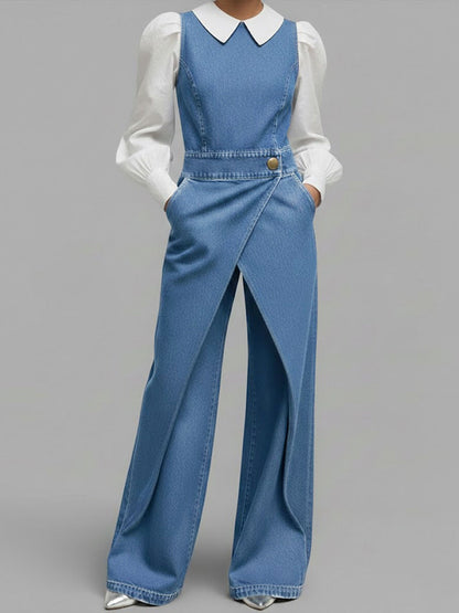 Kvinne Relaxed Rund Hals Uten Ermer Casual Løs Denim Vid Bukse Jumpsuit