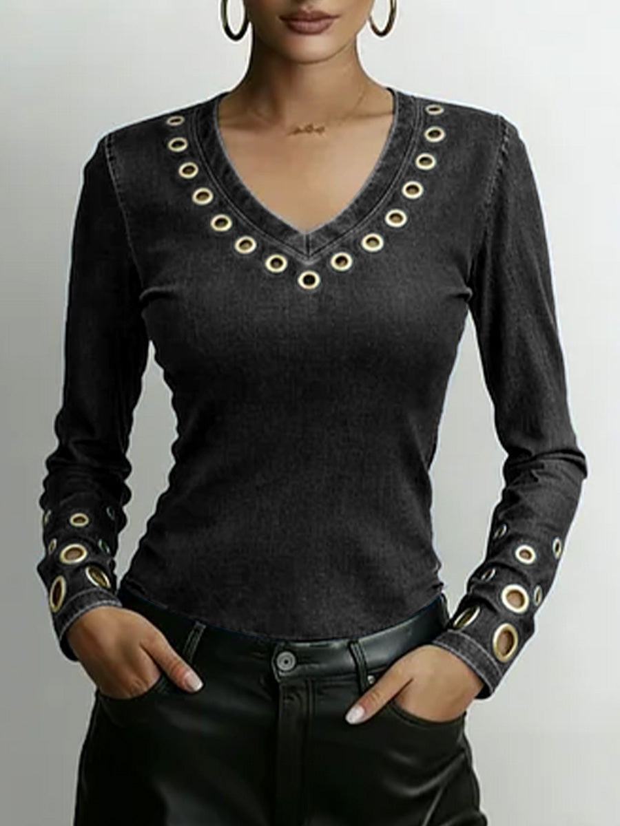 Dame Denim-look V-hals Langermet Casual Løs Topp