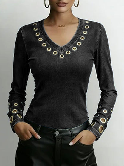 Dame Denim-look V-hals Langermet Casual Løs Topp