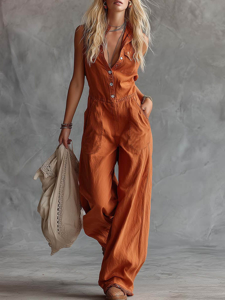 Dame Solid Farge Skjorte Krage Uten Ermer Casual Løs Bomull Og Lin Vid Ben Jumpsuit