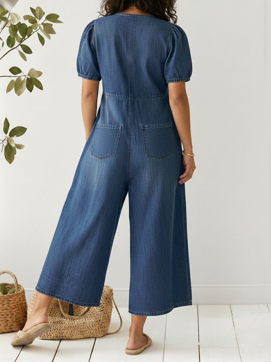Kvinnens Casual Løse Korte Ermer V-hals Denim Jumpsuit