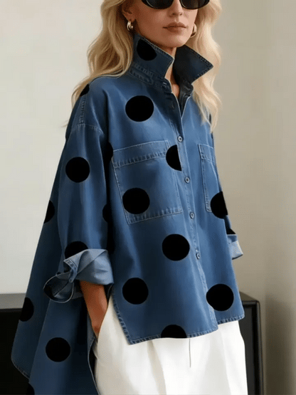 Elegant Kunstnerisk Prikket Trykk Stå-krage Denim Topp