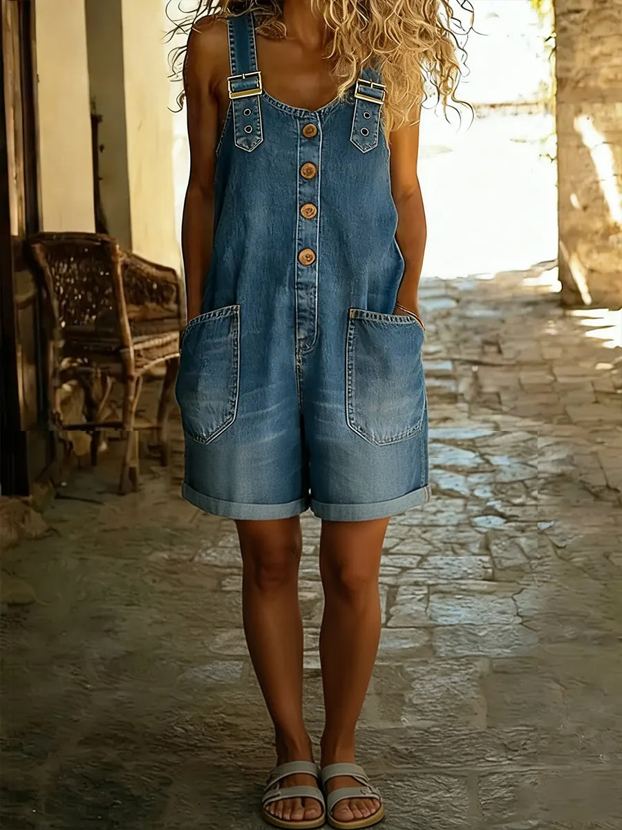 Casual Justerbar-stropp Denim Jumpsuit Shorts