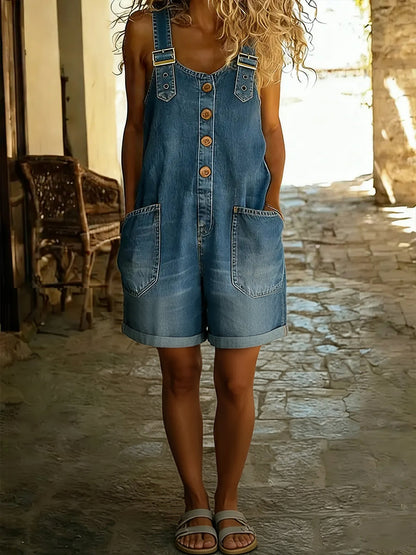 Casual Justerbar-stropp Denim Jumpsuit Shorts
