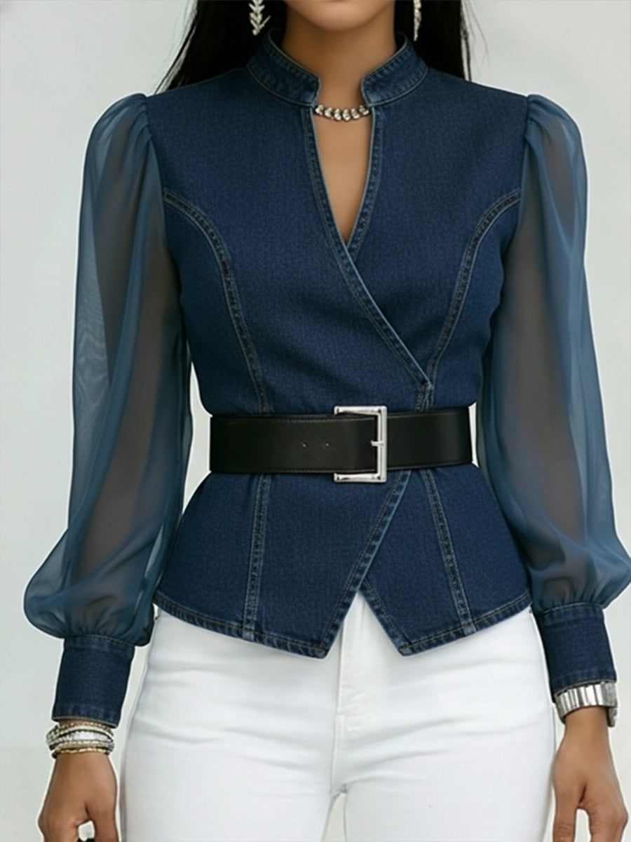 Elegant, Slim-fit Denim Top Med Organza Ermer.