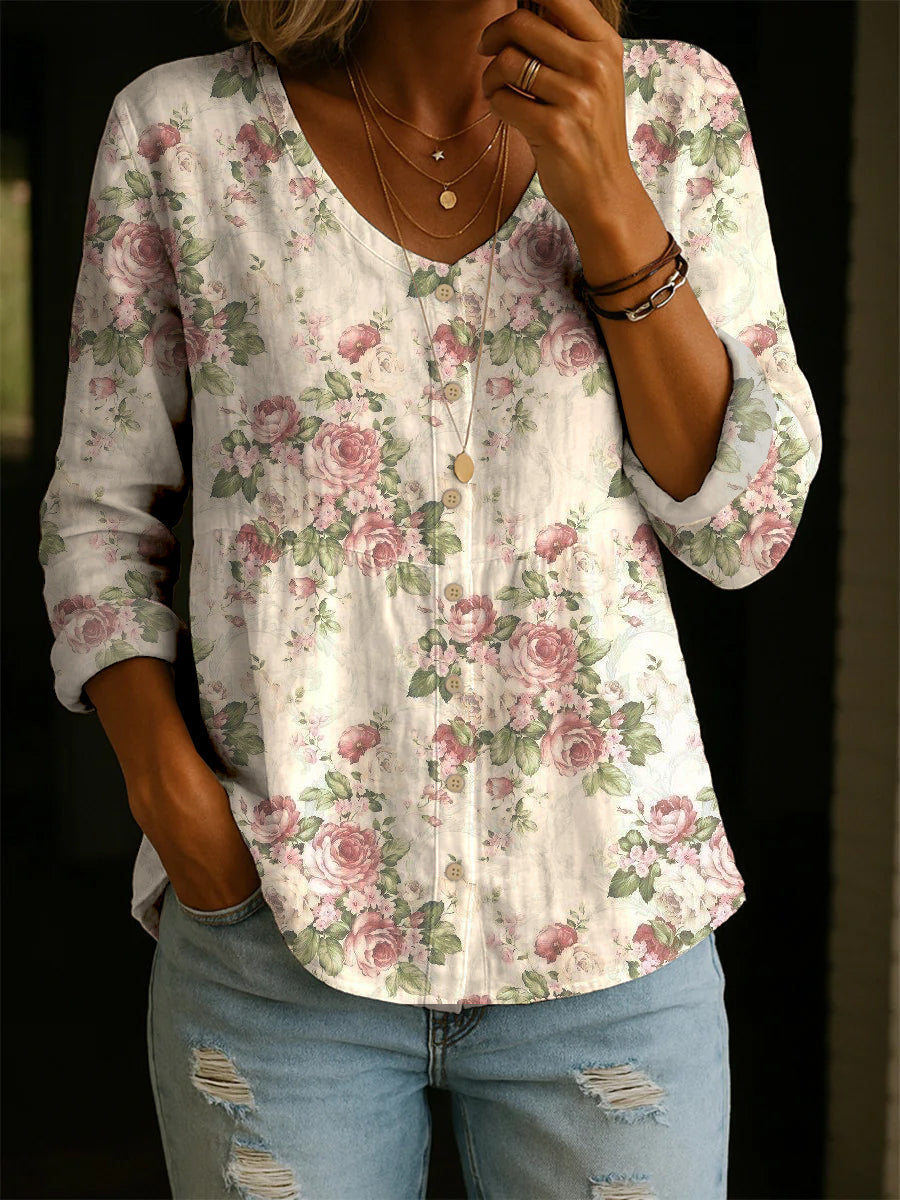 Kvinne Vintage Blomster Mønster Kunsttrykk Casual Bomullskjorte