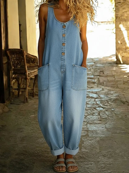 Dame Casual Bomulls Vest Og Denim Jumpsuit