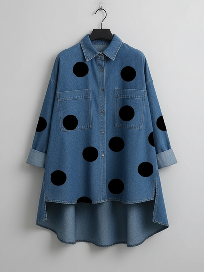 Elegant Kunstnerisk Prikket Trykk Stå-krage Denim Topp