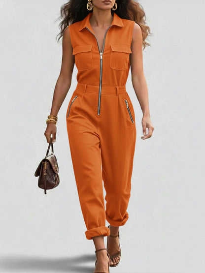 Moderne og Casual Glidelås Uten Ermer Bomull Jumpsuit