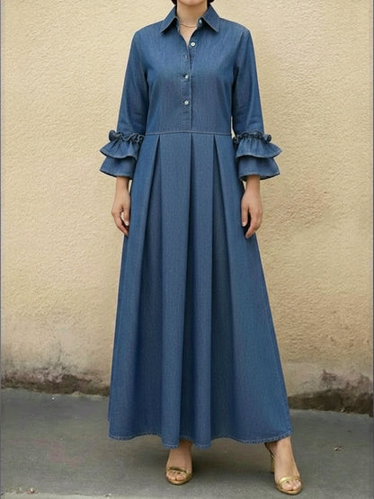 Kvinne Casual Denim Kjole Med Volangerm