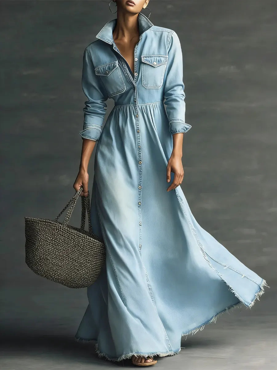 Kvinnelig stilfull kunst Ståkrage Vasket denim midi-kjole