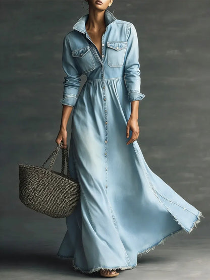 Kvinnelig stilfull kunst Ståkrage Vasket denim midi-kjole