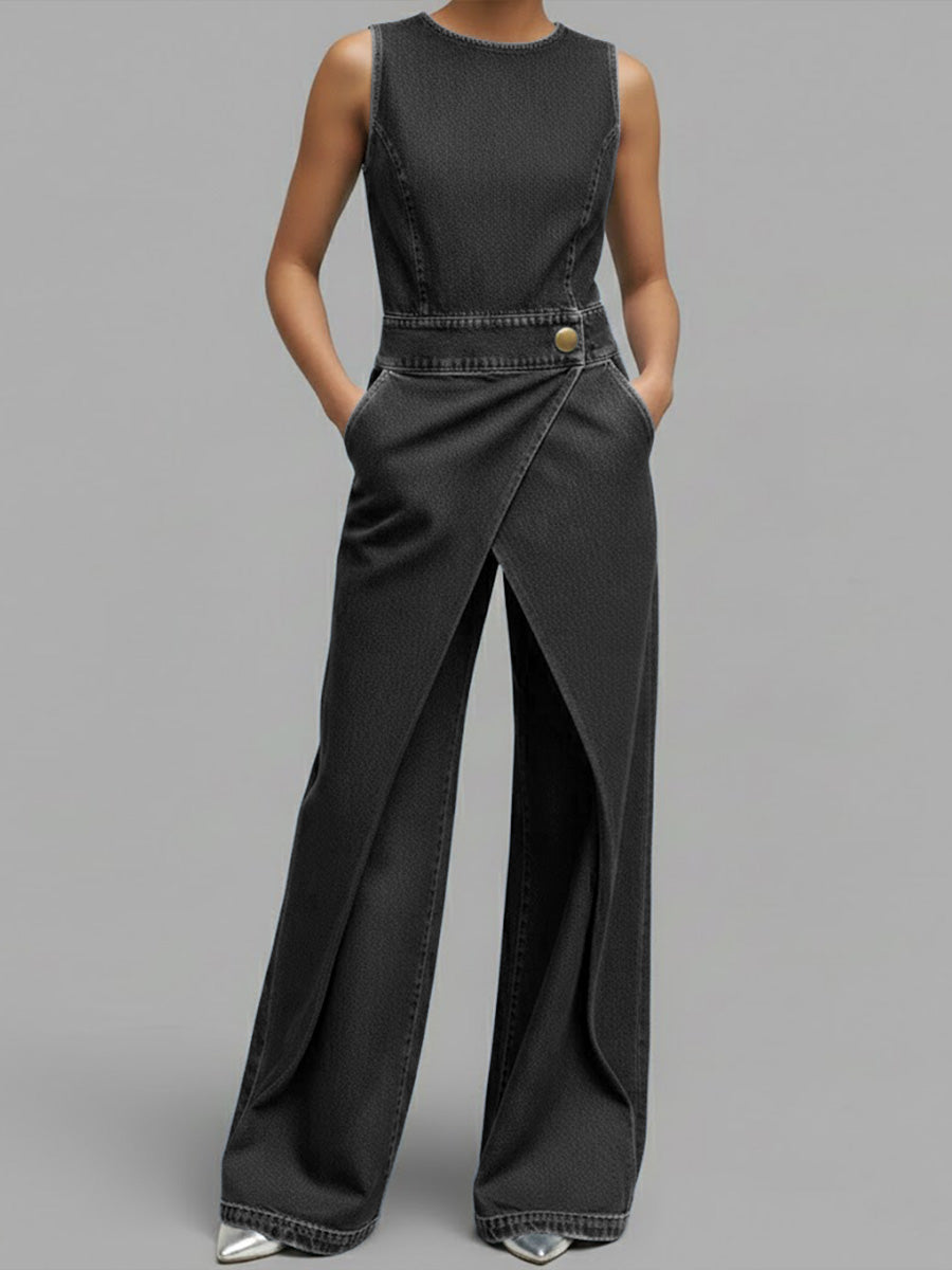 Kvinne Relaxed Rund Hals Uten Ermer Casual Løs Denim Vid Bukse Jumpsuit