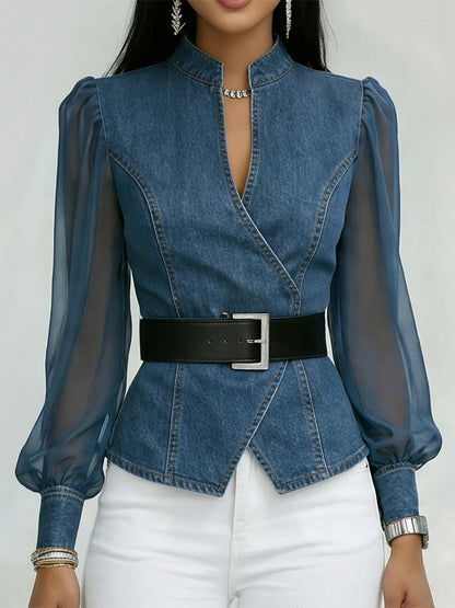 Elegant, Slim-fit Denim Top Med Organza Ermer.