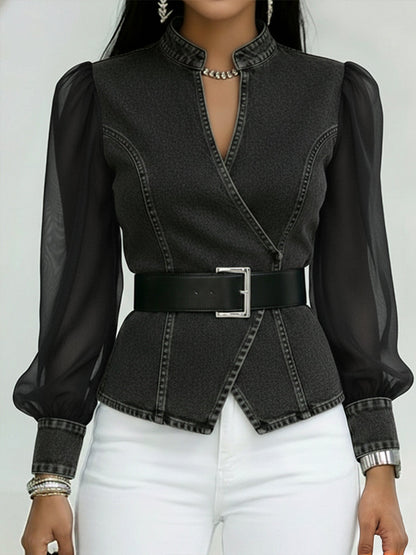 Elegant, Slim-fit Denim Top Med Organza Ermer.