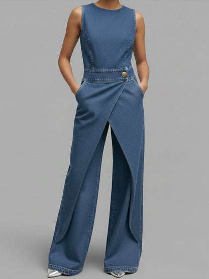 Kvinne Relaxed Rund Hals Uten Ermer Casual Løs Denim Vid Bukse Jumpsuit