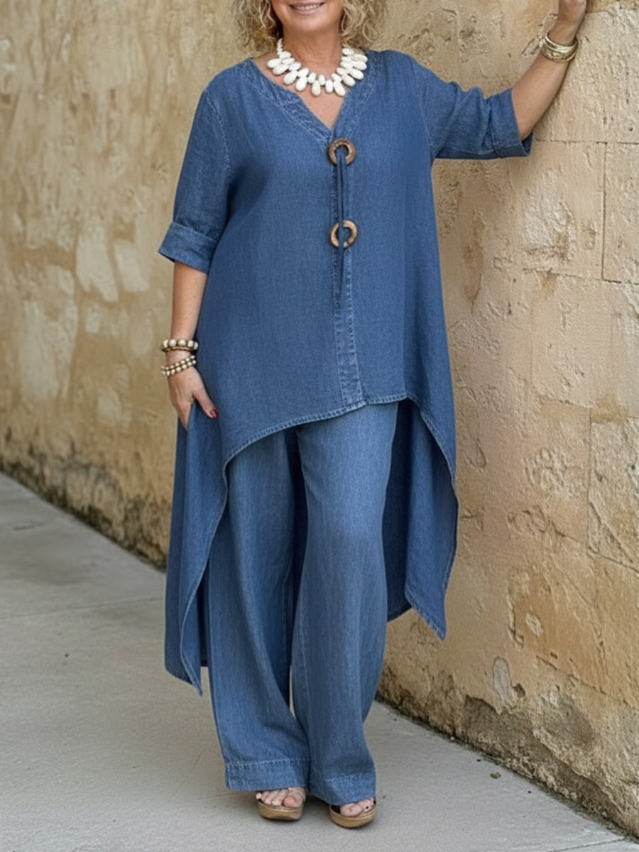 Casual Denim Knapper Detaljer Topp Og Vide Bukser To-dels Sett