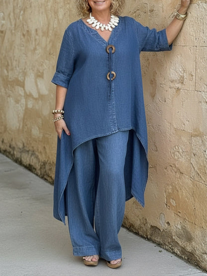 Casual Denim Knapper Detaljer Topp Og Vide Bukser To-dels Sett