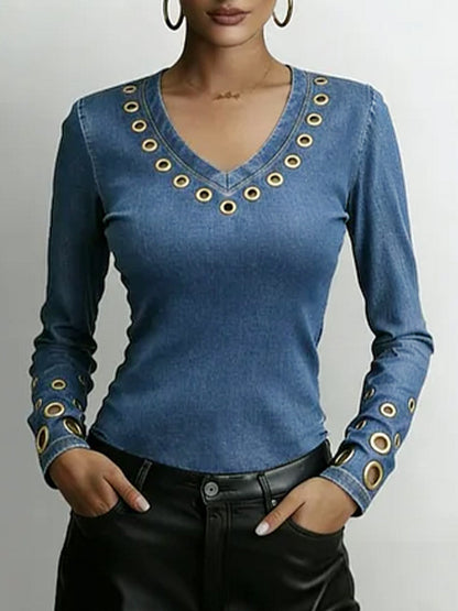 Dame Denim-look V-hals Langermet Casual Løs Topp