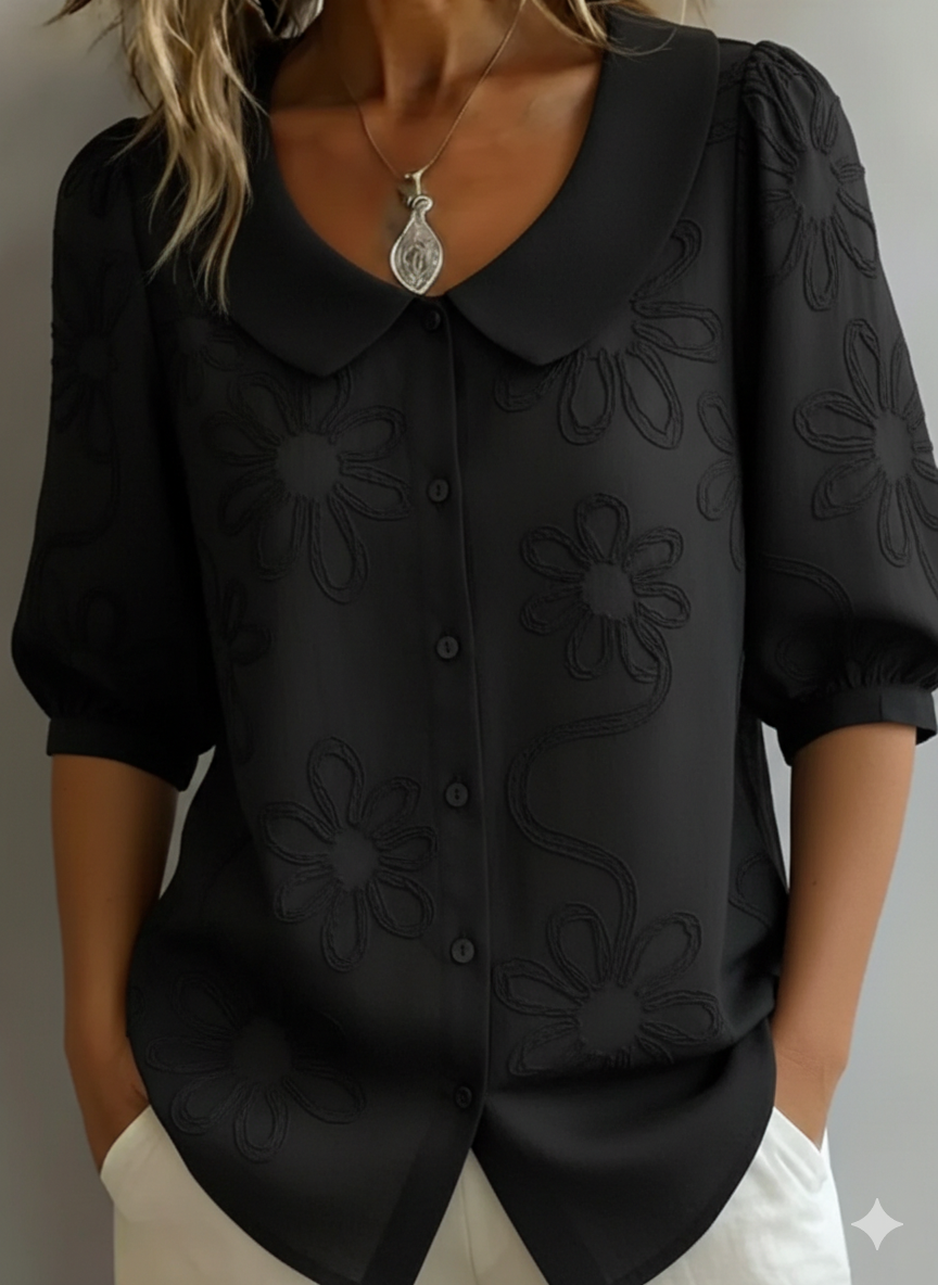 Vintage Peter Pan Collar Brodert Blomster Skjorte