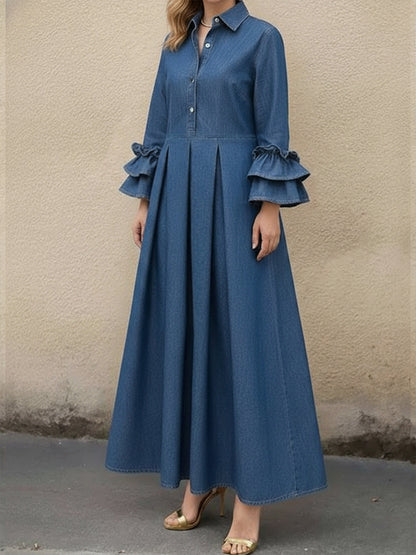 Kvinne Casual Denim Kjole Med Volangerm
