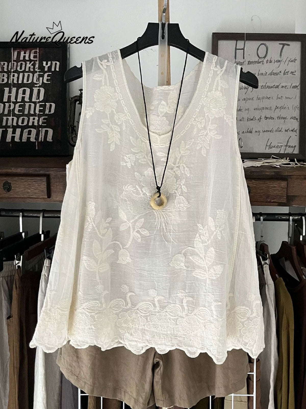 Kvinne Vintage Blonde Uten Ermer Bomull Og Lin Vest Topp