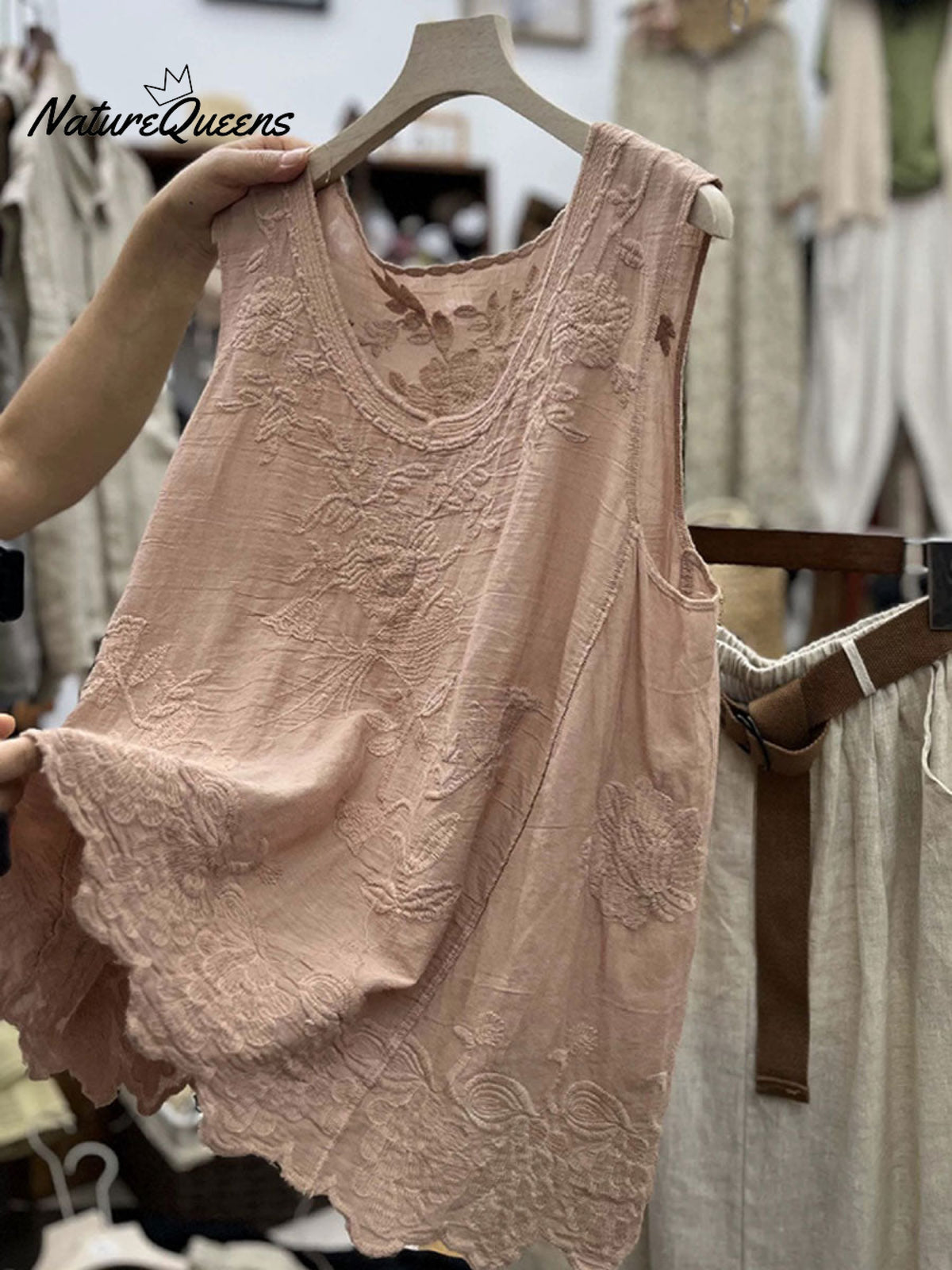 Kvinne Vintage Blonde Uten Ermer Bomull Og Lin Vest Topp