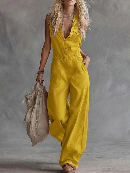 Dame Solid Farge Skjorte Krage Uten Ermer Casual Løs Bomull Og Lin Vid Ben Jumpsuit