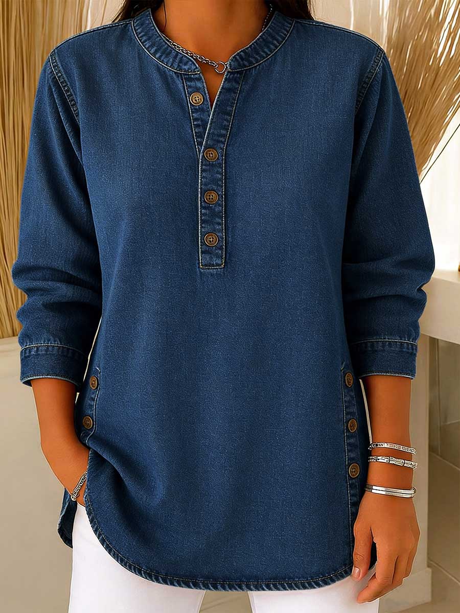 Dame V-hals Langermet Casual Knappeopp Denim Topp