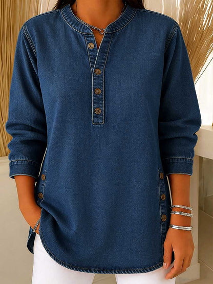 Dame V-hals Langermet Casual Knappeopp Denim Topp
