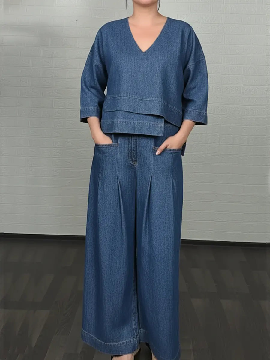Dame Casual Denim Bomull Topp Og Bukser To-delt Sett