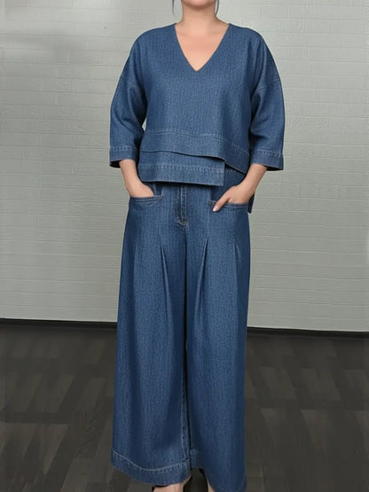 Dame Casual Denim Bomull Topp Og Bukser To-delt Sett
