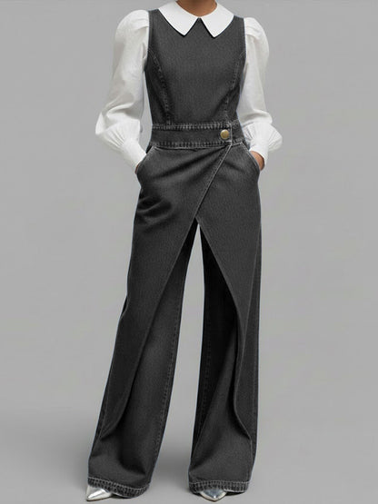 Kvinne Relaxed Rund Hals Uten Ermer Casual Løs Denim Vid Bukse Jumpsuit